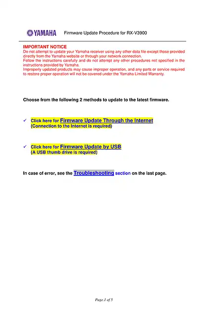 yamaha雅马哈RX-V3900 Firmware Update Version 1.23_Installation_Manual